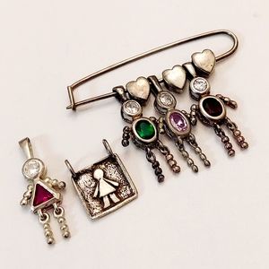 Vintage Sterling silver Mothers child birthstone Birthday Stone month charm pin
